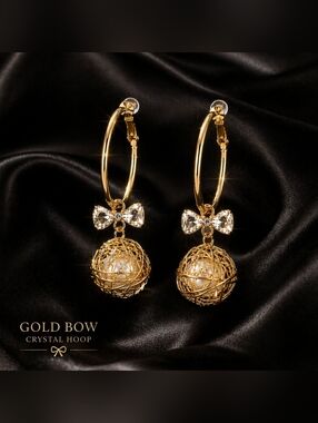 Elegant Gold Hoop Bow Earrings with Crystal & Pearl Drop Elegant Statement